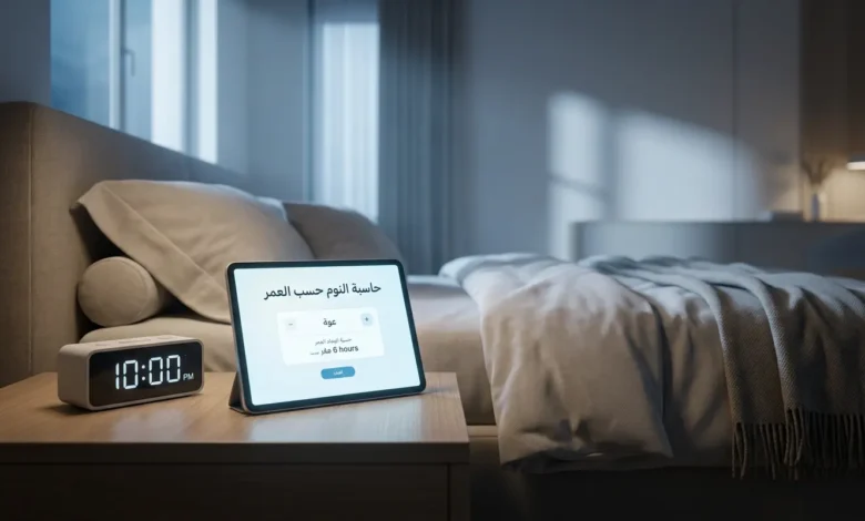 غلاف واقعي لصفحة حاسبة النوم حسب العمر يظهر جهازاً لوحياً في غرفة نوم هادئة مع ساعة ليلية وإضاءة ناعمة