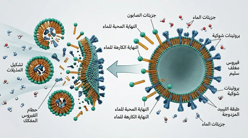 رسم طبي ثلاثي الأبعاد يوضّح كيف تهاجم جزيئات الصابون الغلاف الدهني للفيروس وتُشكّل مذيلات تجرفه مع الماء