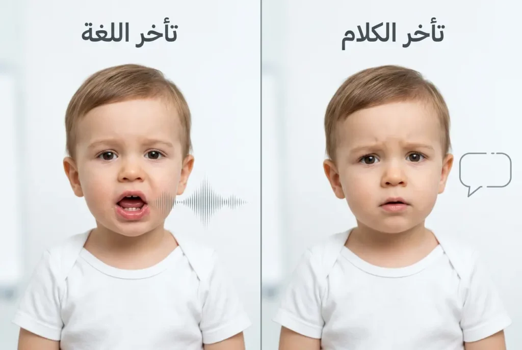 صورة مقارنة بين تأخر الكلام وتأخر اللغة عند الأطفال — الفرق بين صعوبة النطق وصعوبة الفهم والتعبير