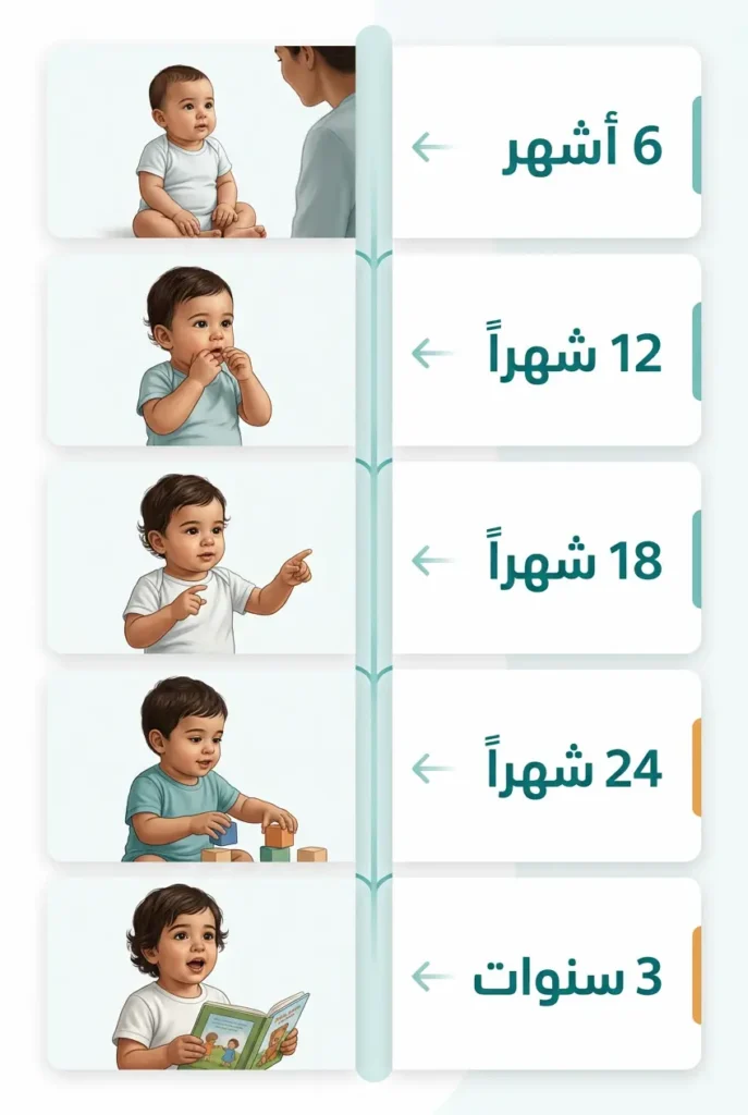 خط زمني للعلامات التحذيرية لتأخر الكلام واللغة عند الأطفال من عمر 6 أشهر حتى 3 سنوات