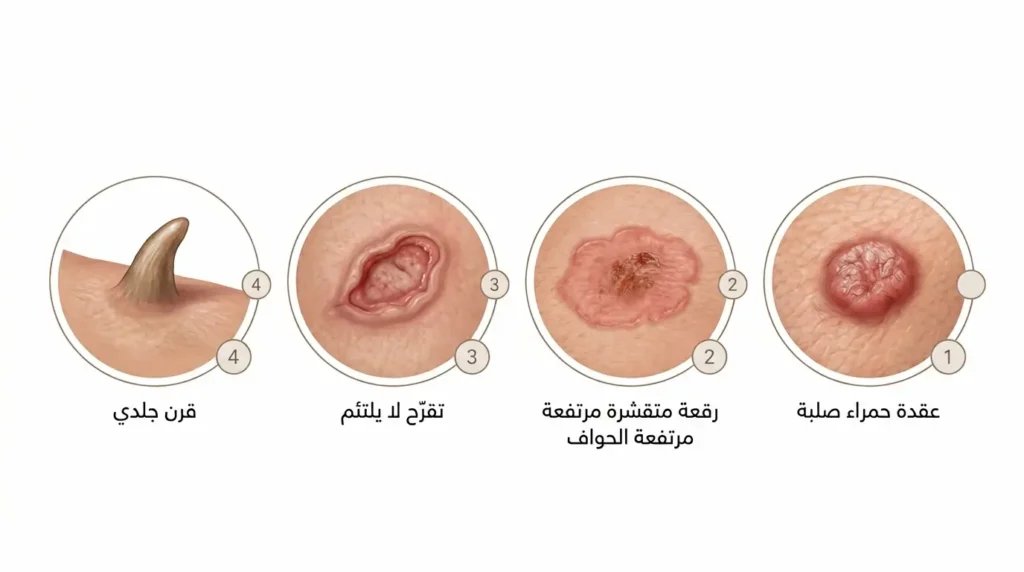 رسم طبي يعرض أربعة أشكال سريرية شائعة لسرطان الخلايا الحرشفية تشمل العقدة الحمراء الصلبة والرقعة المتقشرة والتقرح المزمن والقرن الجلدي
