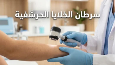 صورة غلاف مقال سرطان الخلايا الحرشفية تُظهر يد طبيب جلدية تحمل منظاراً جلدياً فوق بشرة ساعد بإضاءة طبيعية ناعمة مع عنوان المقال بالعربية
