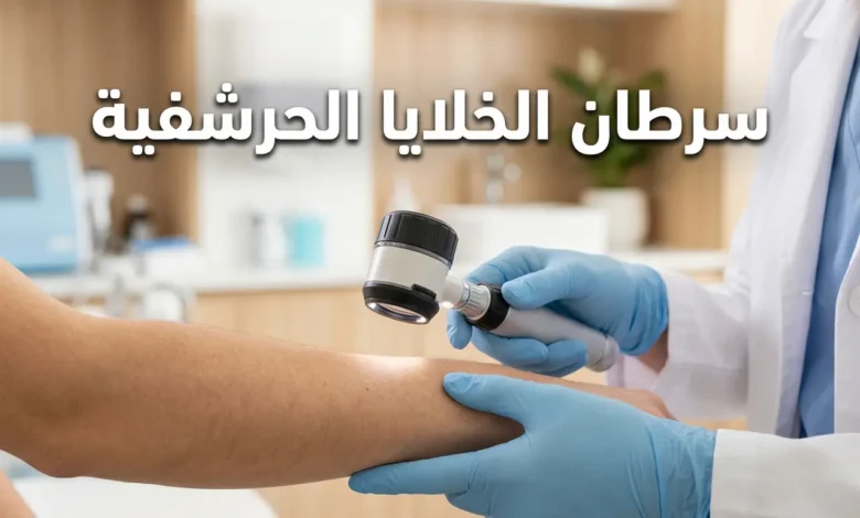 صورة غلاف مقال سرطان الخلايا الحرشفية تُظهر يد طبيب جلدية تحمل منظاراً جلدياً فوق بشرة ساعد بإضاءة طبيعية ناعمة مع عنوان المقال بالعربية