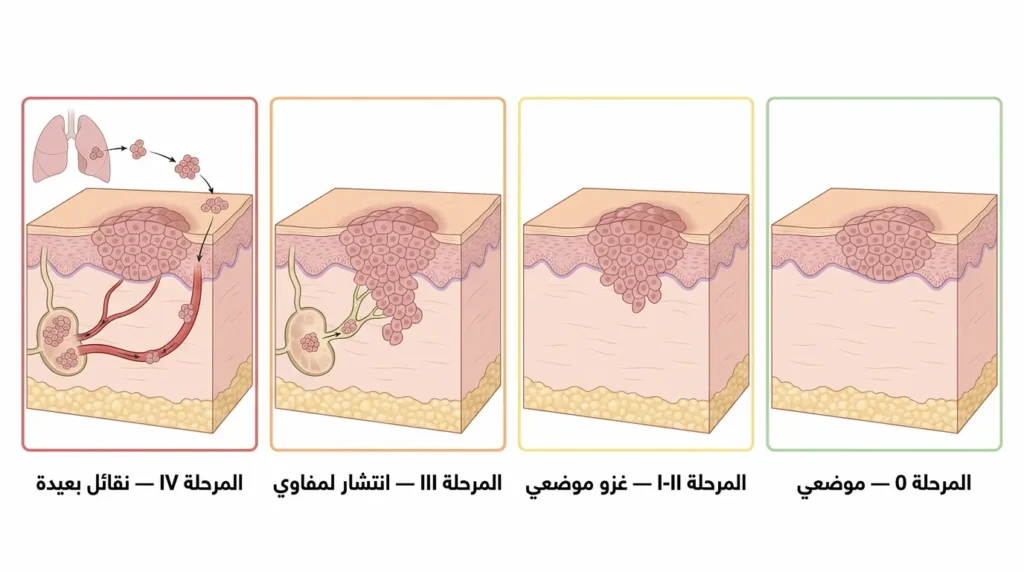 رسم طبي يوضح المراحل الأربع لتطور سرطان الخلايا الحرشفية من المرحلة الموضعية إلى الانتشار البعيد عبر مقاطع جلدية متتالية