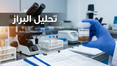 غلاف مقال تحليل البراز يُظهر يداً بقفاز طبي تمسك عينة مخبرية أمام خلفية مخبرية احترافية