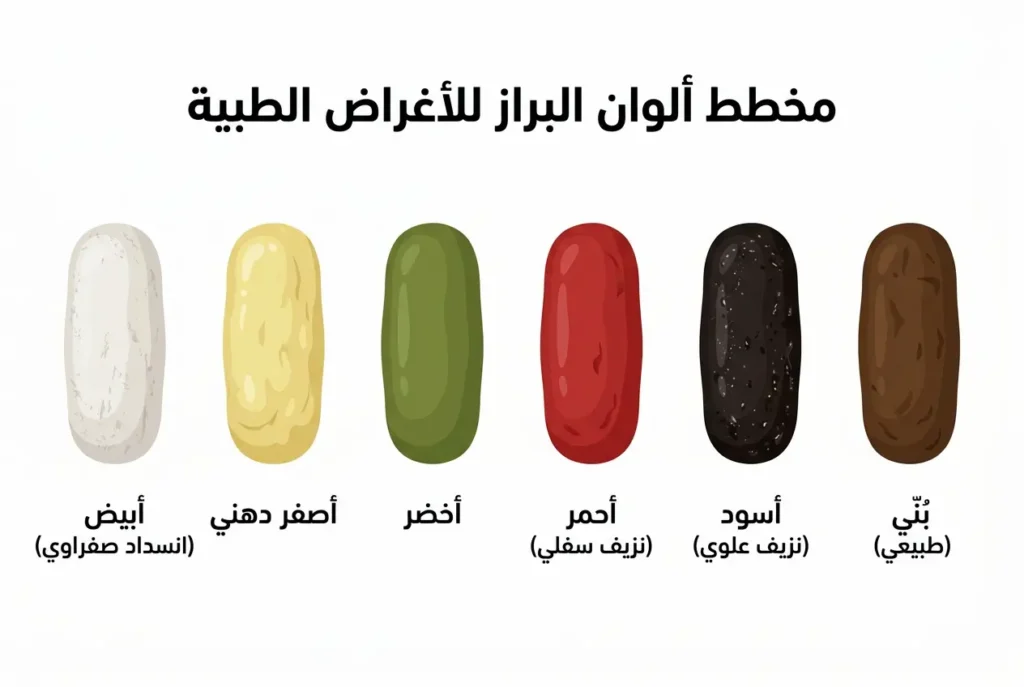 رسم طبي توضيحي يُقارن بين ستة ألوان مختلفة للبراز ودلالاتها السريرية