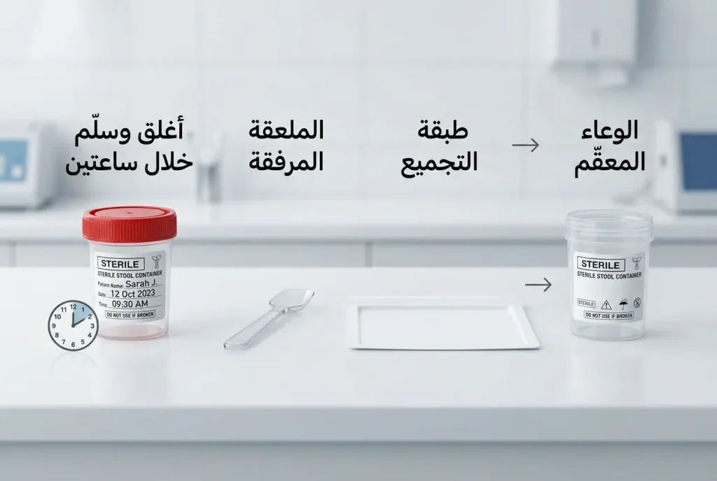 صورة واقعية تُظهر أدوات جمع عينة البراز المعقمة مرتبة بترتيب خطوات التحضير الصحيح من اليمين إلى اليسار