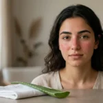 امرأة بملامح عربية مع احمرار شمسي خفيف على الوجه في غلاف نظيف يتضمن عنوان المقال.