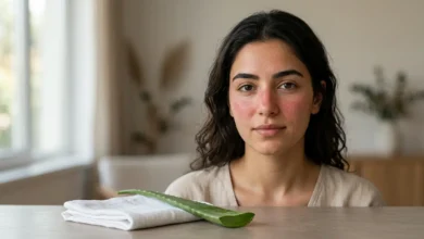 امرأة بملامح عربية مع احمرار شمسي خفيف على الوجه في غلاف نظيف يتضمن عنوان المقال.