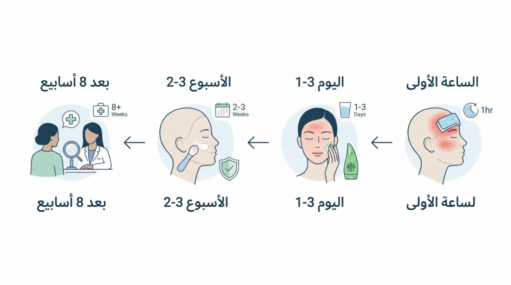 مخطط زمني من اليمين إلى اليسار يوضح خطوات التعامل مع حروق الشمس من الساعة الأولى حتى مراجعة الطبيبة عند استمرار التصبغ.