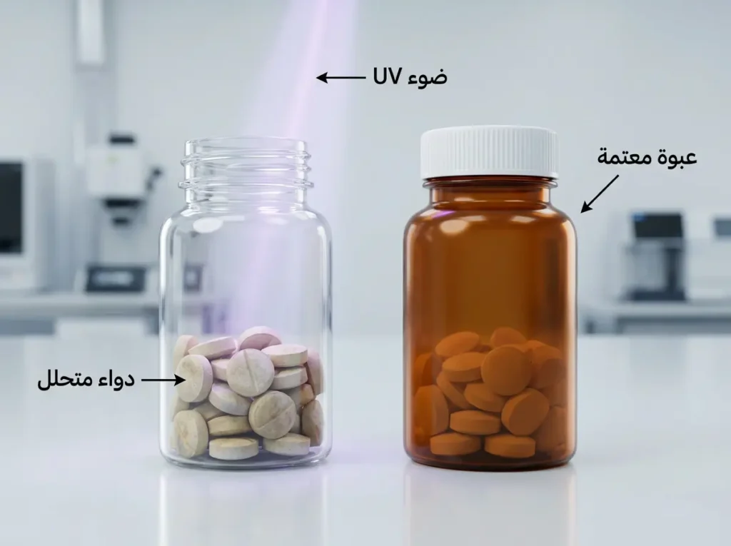 رسم طبي ثلاثي الأبعاد يوضح كيف تحمي العبوة المعتمة الدواء من ضوء UV مقارنة بعبوة شفافة يتلف فيها الدواء.