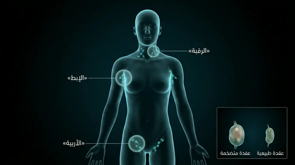 رسم ثلاثي الأبعاد يوضّح أكثر المواقع شيوعاً لتضخم العقد اللمفاوية في الرقبة والإبط والأربية مع مقارنة بين عقدة طبيعية وأخرى متضخمة