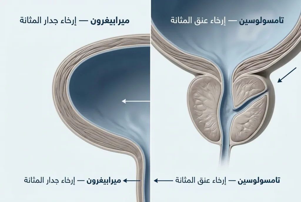 رسم طبي يوضح آلية عمل تامسولوسين على البروستاتا وميرابيغرون على عضلة المثانة
