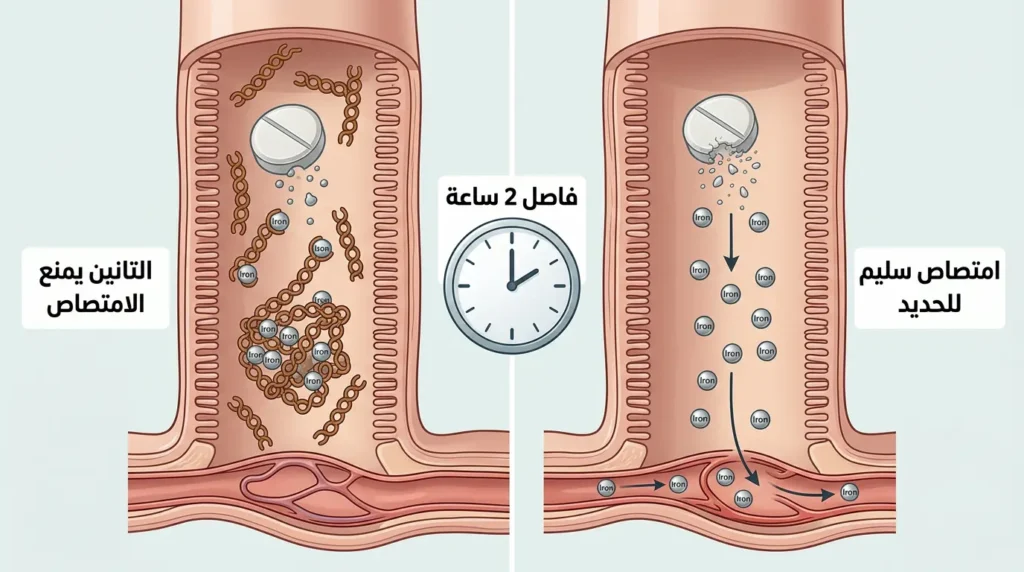 رسم علمي يوضح كيف يرتبط التانين في الشاي بالحديد ويمنع امتصاصه في الأمعاء الدقيقة