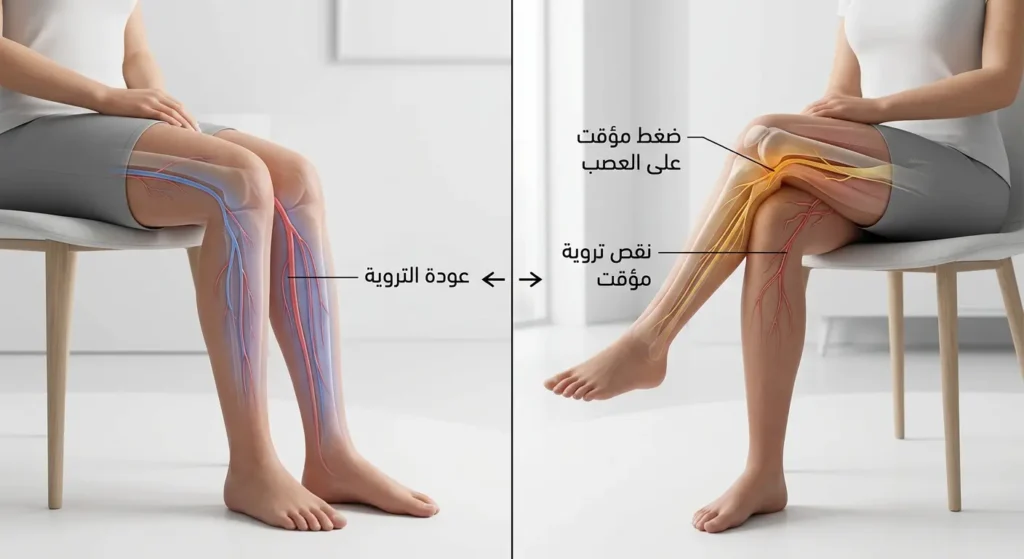صورة طبية ثلاثية الأبعاد توضح ضغطاً مؤقتاً على عصب في الساق بسبب الجلوس بوضعية خاطئة مع عودة التروية الدموية بعد تغيير الوضعية