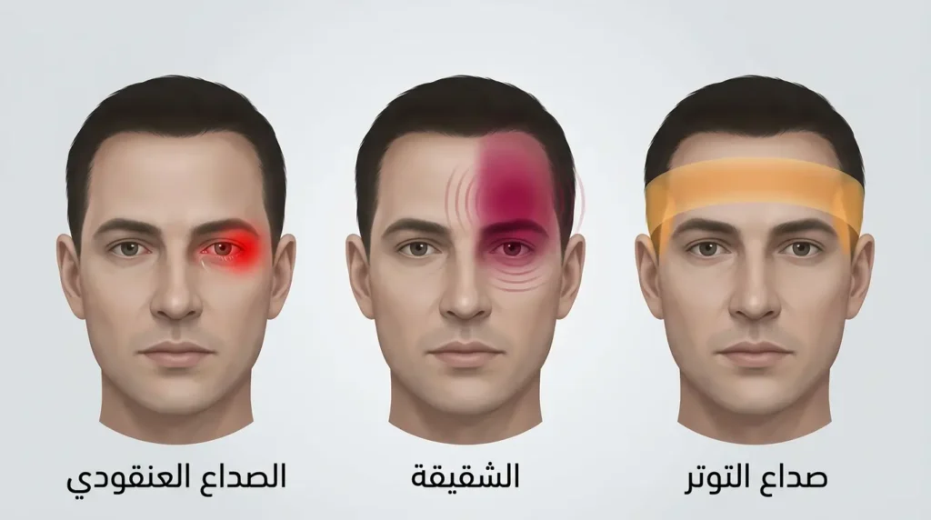 مقارنة بصرية بين مواقع الألم في صداع التوتر والشقيقة والصداع العنقودي على ثلاثة رؤوس بشرية