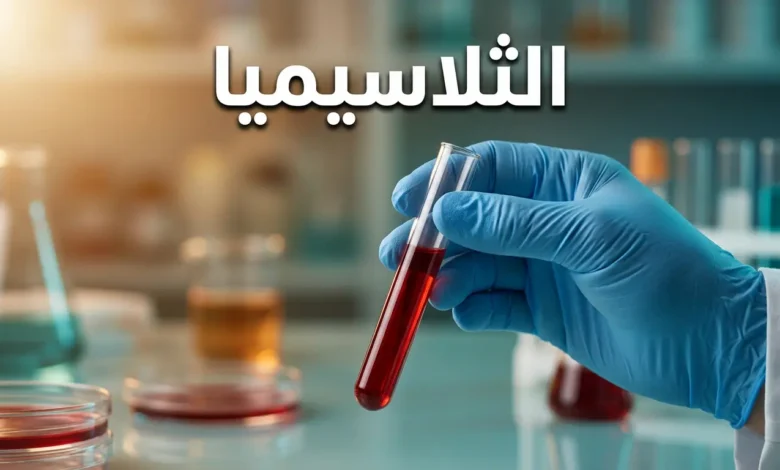 أنبوب اختبار يحتوي على دم مع الكلمة المفتاحية الثلاسيميا على خلفية مختبر احترافية