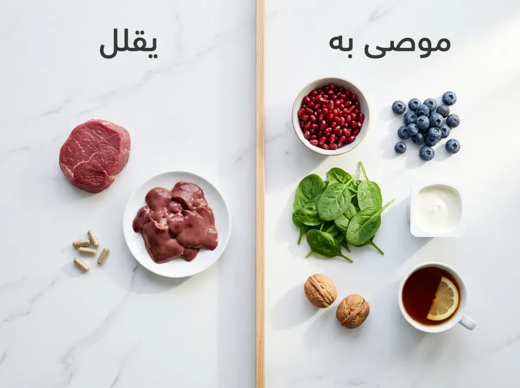  تصوير غذائي يُقارن بين الأطعمة المستحسنة والأطعمة التي يُقلَّل منها في نظام مريض الثلاسيميا