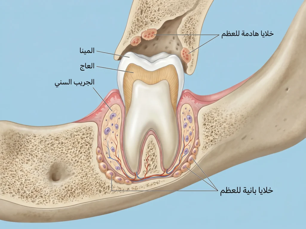 رسم طبي توضيحي لآلية بزوغ السن اللبنية على المستوى الخلوي مع الخلايا الهادمة والبانية للعظم