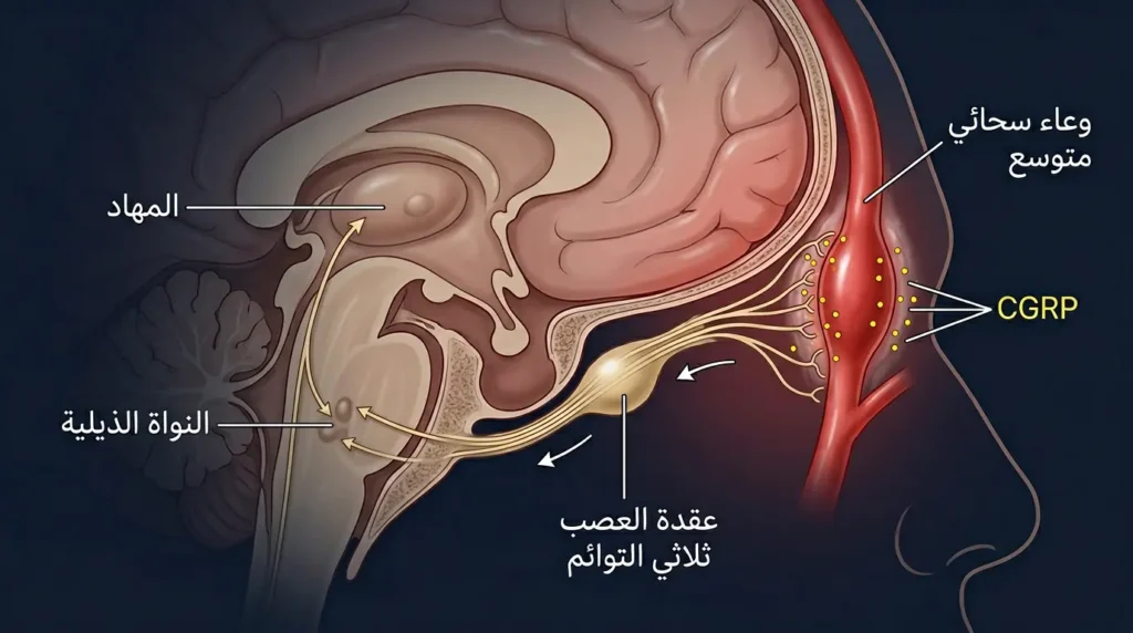 رسم طبي يوضح آلية عمل الجهاز ثلاثي التوائم الوعائي ودور ببتيد CGRP في حدوث صداع الجبهة