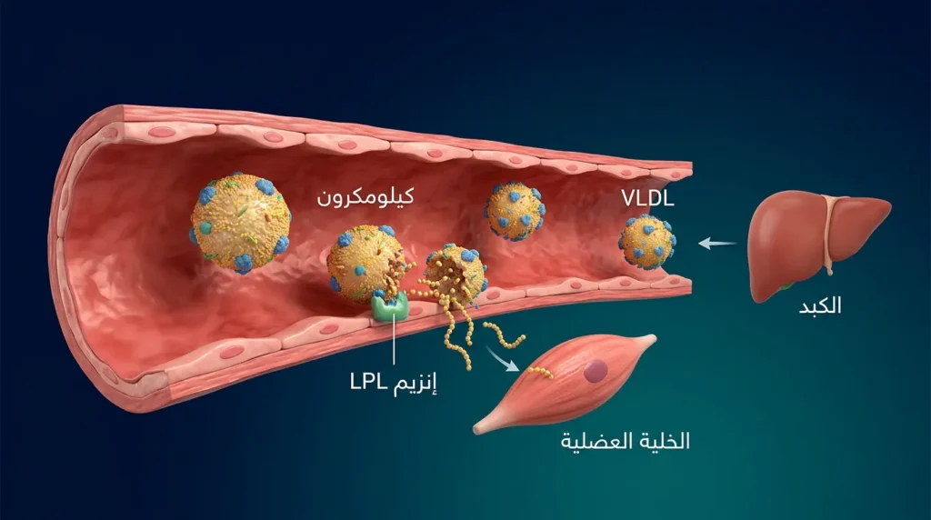 رسم طبي توضيحي يُظهر آلية عمل الدهون الثلاثية في مجرى الدم وتحللها بواسطة إنزيم LPL