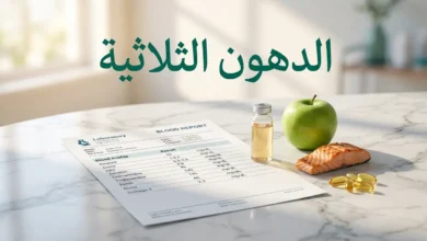 صورة غلاف تحليل الدهون الثلاثية تُظهر تقرير مخبري وعينة دم وأطعمة صحية مع الكلمة المفتاحية