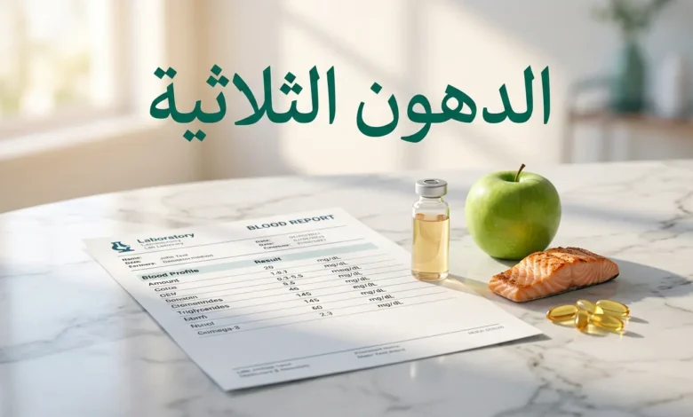 صورة غلاف تحليل الدهون الثلاثية تُظهر تقرير مخبري وعينة دم وأطعمة صحية مع الكلمة المفتاحية