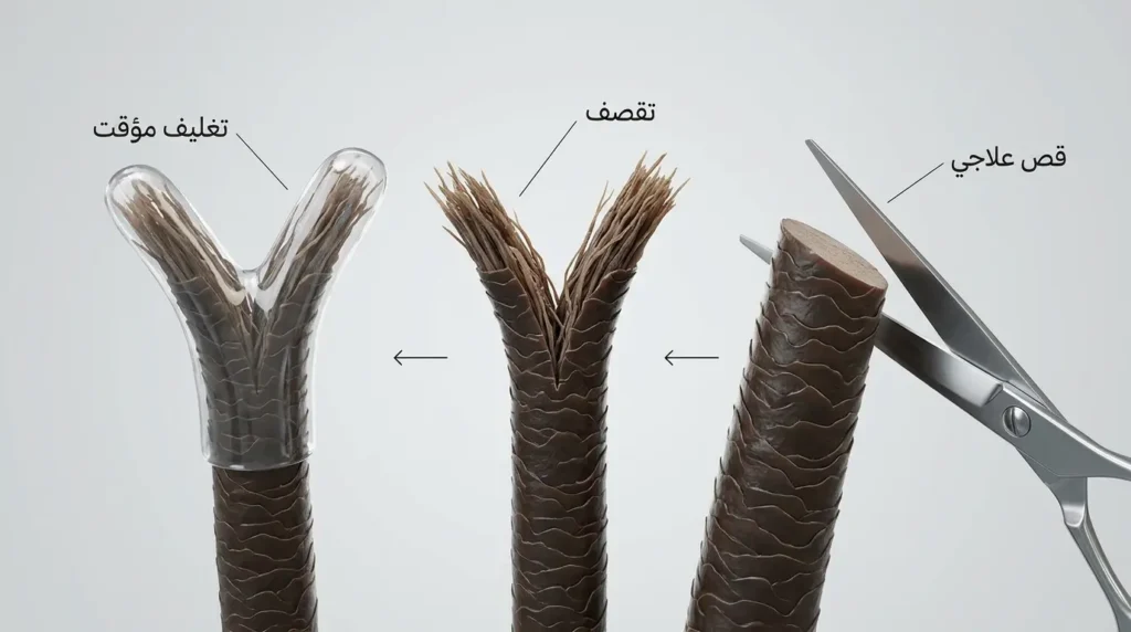 رسم ثلاثي الأبعاد يوضح الفرق بين القص العلاجي الذي يزيل تقصف الشعر فعلياً وبين تغليف الأطراف المتقصفة مؤقتاً بسيروم تجميلي