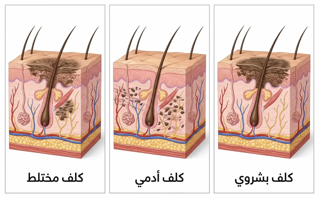 مقارنة طبية بين الكلف البشروي والكلف الأدمي والكلف المختلط بحسب عمق التصبغ داخل الجلد.