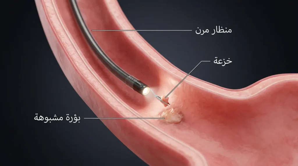 تمثيل ثلاثي الأبعاد للتنظير العلوي يُظهر المنظار المرن داخل المريء وهو يأخذ خزعة من بؤرة مشبوهة