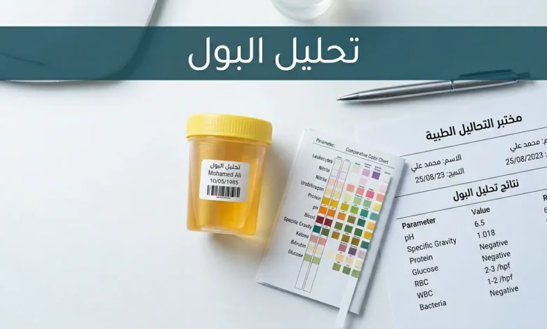 كوب عينة بول شفاف وشريط فحص كيميائي على طاولة مختبر طبية نظيفة