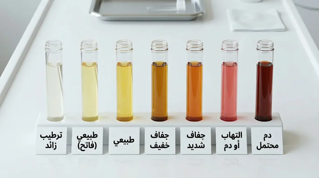 سلسلة أنابيب اختبار تُظهر تدرج ألوان البول من الطبيعي إلى المقلق مع تسميات توضيحية
