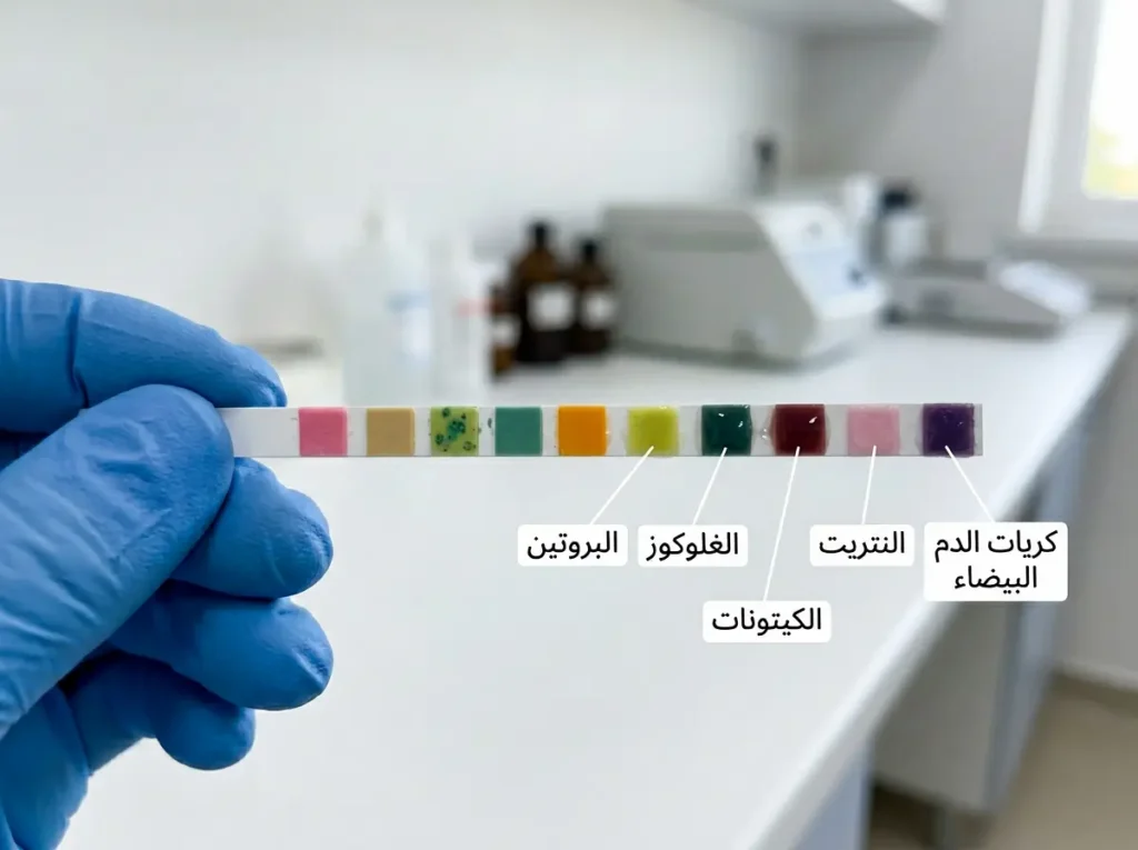 شريط فحص البول الكيميائي (Dipstick) بتسمية مربعاته الرئيسية