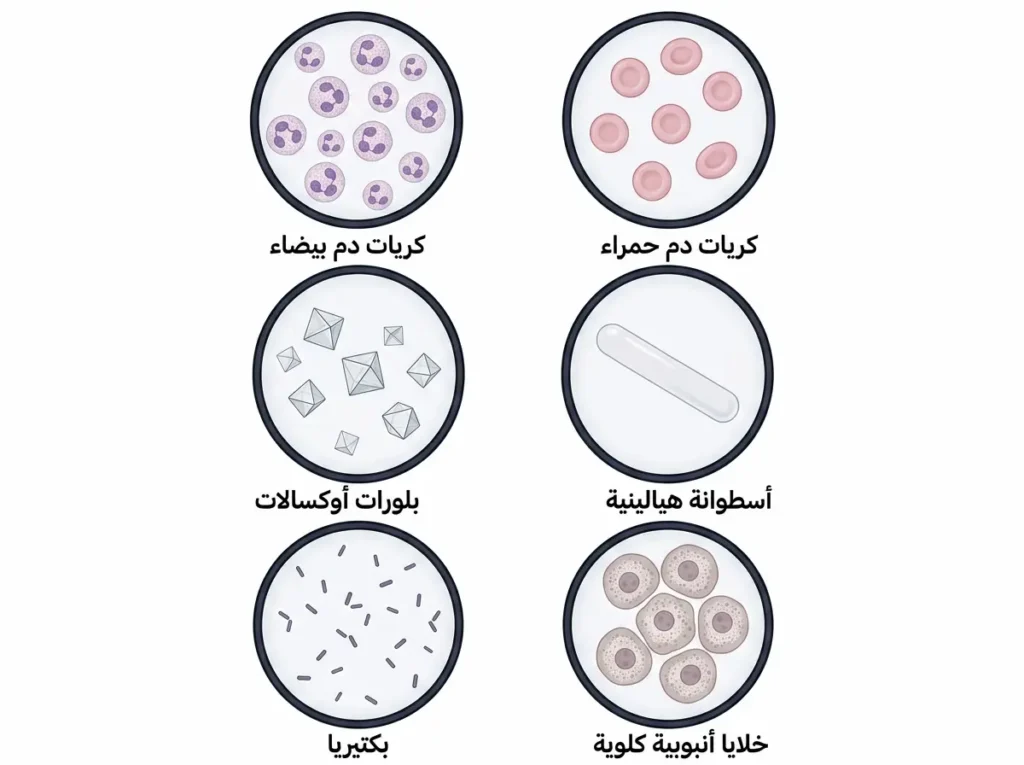 رسم طبي واقعي لعناصر الراسب البولي تحت المجهر يشمل خلايا الدم والأسطوانات والبلورات