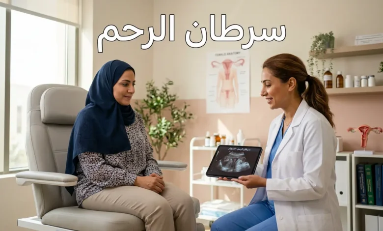 صورة غلاف توضيحية لمقال طبي عن سرطان الرحم تظهر طبيبة نسائية في عيادة حديثة مع مريضة في جلسة استشارية