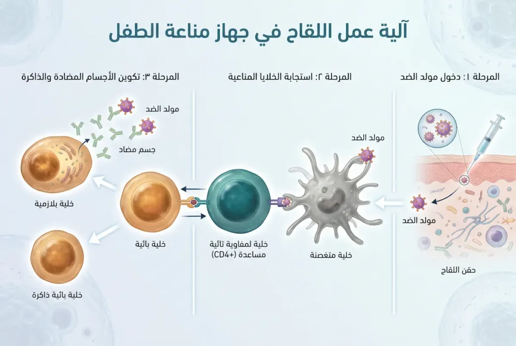  مخطط طبي علمي يوضح مراحل استجابة الجهاز المناعي للقاح من التقاط المستضد حتى تكوّن الأجسام المضادة وخلايا الذاكرة