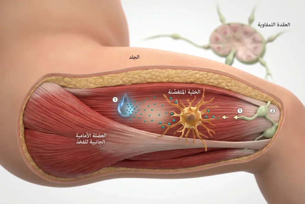مقطع تشريحي ثلاثي الأبعاد يوضح موقع حقن اللقاح في عضلة فخذ الرضيع والتقاط الخلية المتغصّنة للمستضدات