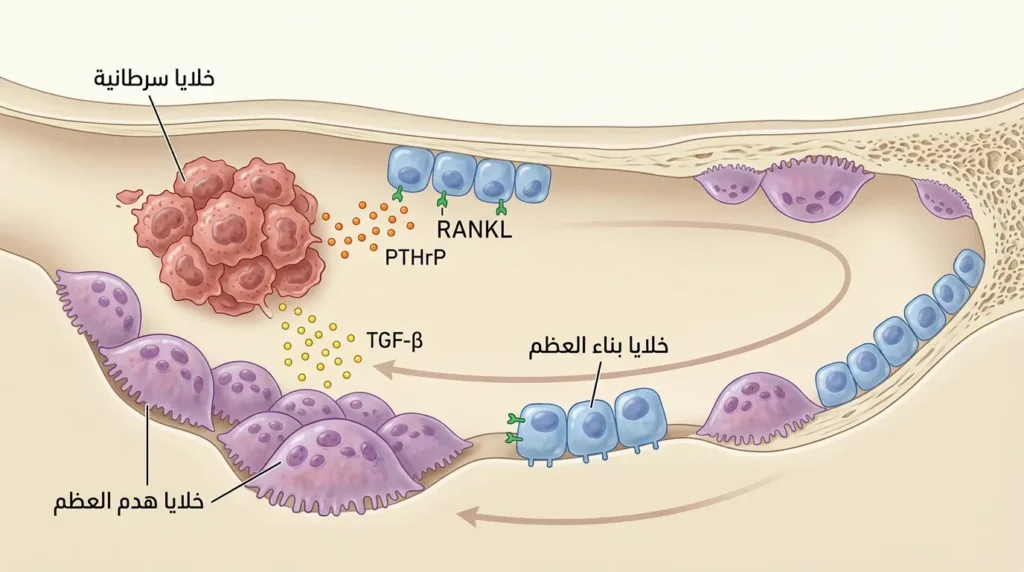 رسم طبي واقعي يوضح الحلقة المفرغة للانبثاث العظمي مع خلايا السرطان وخلايا الهدم والبناء وجزيئات الإشارة PTHrP وTGF-β