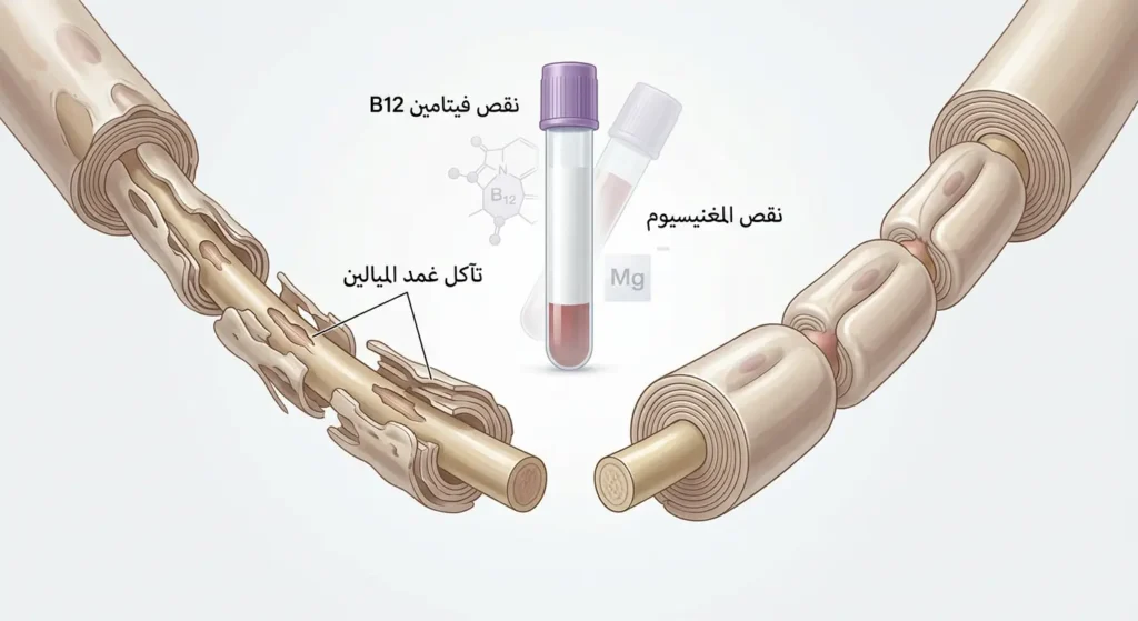 رسم طبي يقارن بين عصب سليم وآخر متضرر بسبب نقص فيتامين B12 والمغنيسيوم مع تآكل غمد الميالين واضطراب التوصيل العصبي