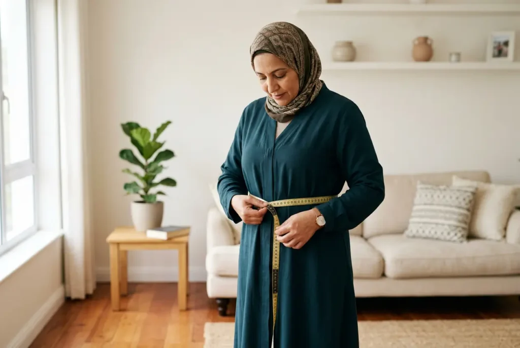 امرأة عربية في منتصف العمر تقيس محيط خصرها في المنزل — خطوة عملية لمراقبة صحة القلب في فترة ما قبل انقطاع الطمث