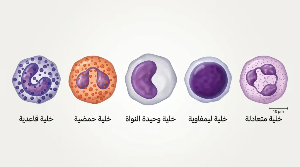 رسم توضيحي طبي للأنواع الخمسة لخلايا الدم البيضاء مع تفاصيل مورفولوجية دقيقة