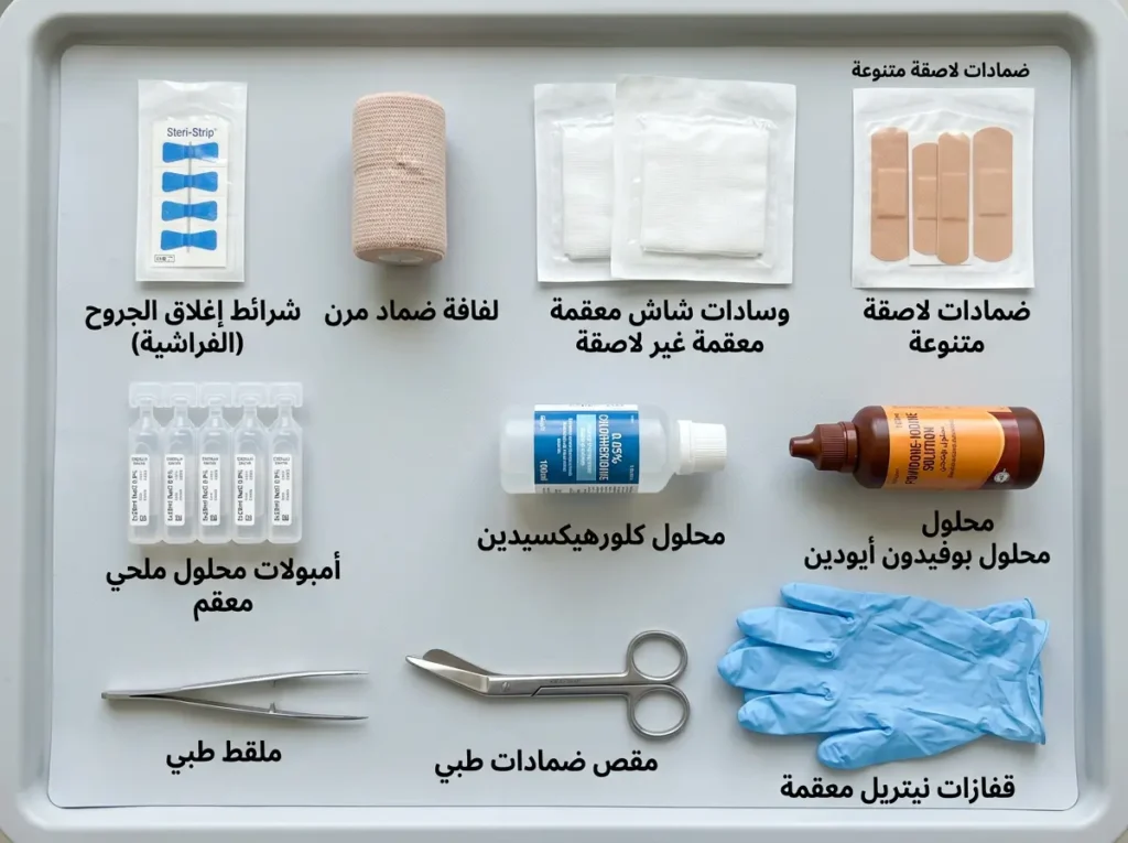 ترتيب واضح لأدوات العناية بالجروح والنزيف مثل الشاش المعقم والضمادات والمطهرات والقفازات.