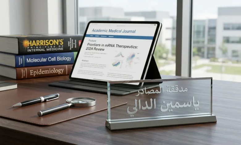 صورة تعبيرية لمكتب مدققة المصادر والمراجع ياسمين الدالي في موقع وصفة طبية، تظهر أدوات البحث في المجلات العلمية والطبية.