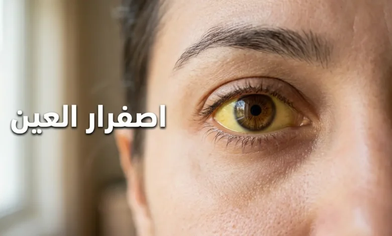 صورة مقرّبة لعين بشرية يظهر فيها اصفرار واضح في بياض العين (الصُّلبة) كعلامة على اليرقان