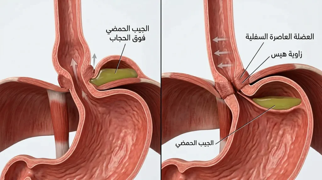 رسم ثلاثي الأبعاد يوضح آلية الجيب الحمضي والعضلة العاصرة السفلية وزاوية هيس في الوضع الطبيعي مقابل فتق الحجاب الحاجز