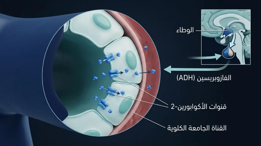 تصوير ثلاثي الأبعاد واقعي يُظهر آلية إفراز هرمون الفازوبريسين وعمل قنوات الأكوابورين في الكلى أثناء الجفاف