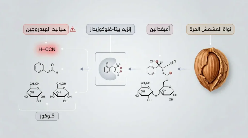 رسم توضيحي طبي يُظهر مسار تحلّل مركب الأميغدالين من نواة المشمش المرة إلى سيانيد الهيدروجين السام عبر إنزيم بيتا-غلوكوزيداز.