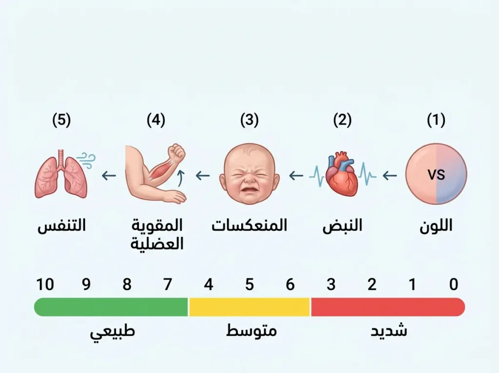 رسم توضيحي طبي يُظهر المعايير الخمسة لمقياس أبغار لتقييم حالة المولود مع شريط الدرجات من 0 إلى 10
