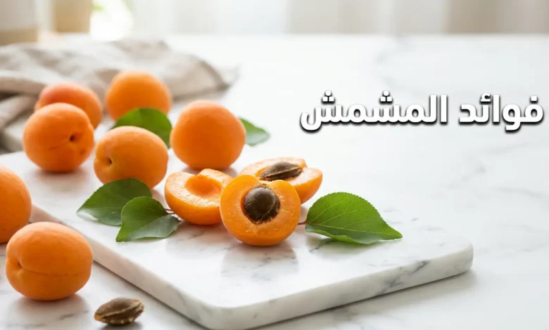 صورة غلاف تُظهر ثمار المشمش الطازج على سطح رخامي أبيض مع عنوان فوائد المشمش بالعربية.