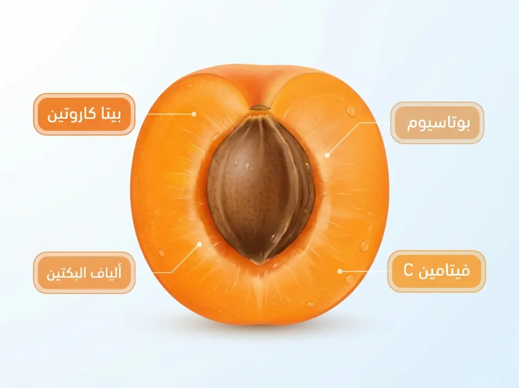 رسم توضيحي طبي واقعي لمقطع عرضي من ثمرة المشمش يُظهر توزّع المكوّنات الغذائية الرئيسة: البيتا كاروتين والبكتين والبوتاسيوم وفيتامين C.